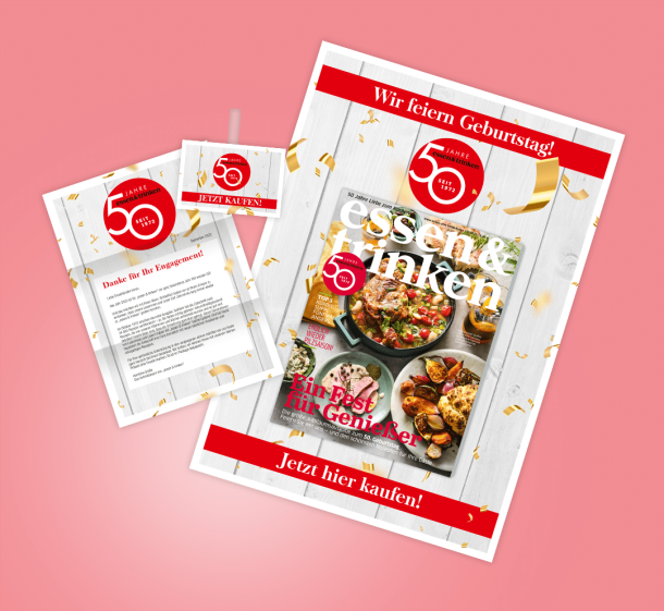 Händler-Mailing zum 50. Geburtstag der Zeitschrift Essen & Trinken bestehend aus Plakat, Anschreiben und Regalwipper