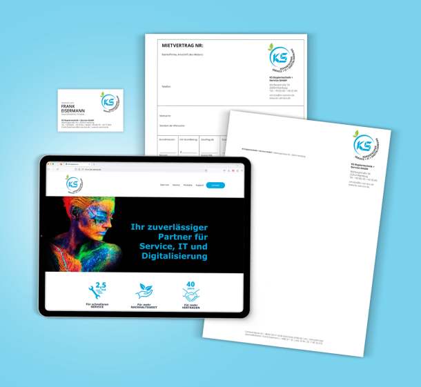 Erstellung eines Corporate Design sowie einer Geschäftsausstattung für die Firma KS Kopierservice Es wurde das Logo erstellt sowie die Schriften und Farben festgelegt. Außerdem wurde die Website mit WordPress erstellt. Zu sehen sind ebenfalls ein Schreibblock, ein Vertragsvordruck und eine Visitenkarte im Firmen Corporate Design.