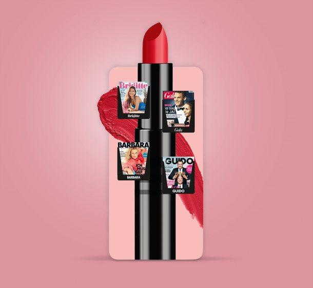 Bodenaufsteller in Form eines großen Lippenstiftes für die Gruner + Jahr Publikationen